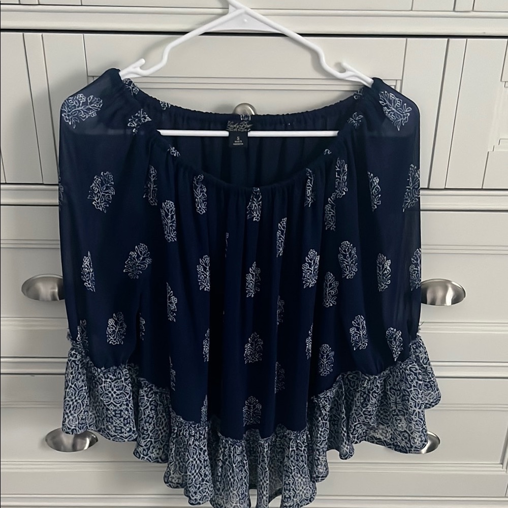 Navy Blue Off-Shoulder Blouse with Floral Print